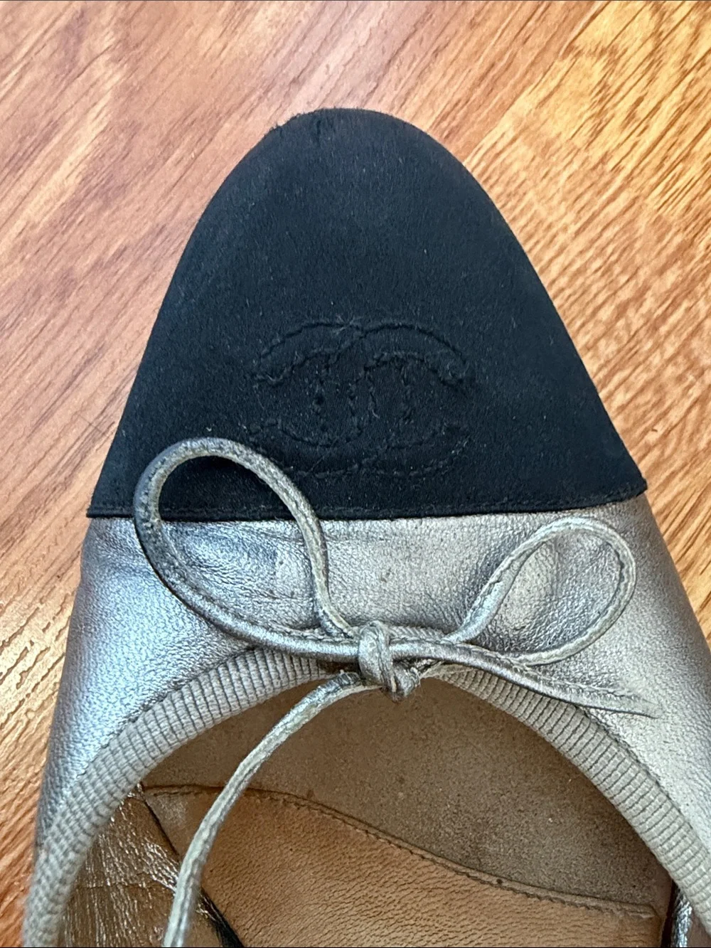 CHANEL Two-Tone Black and Silver Slip-On Mules
